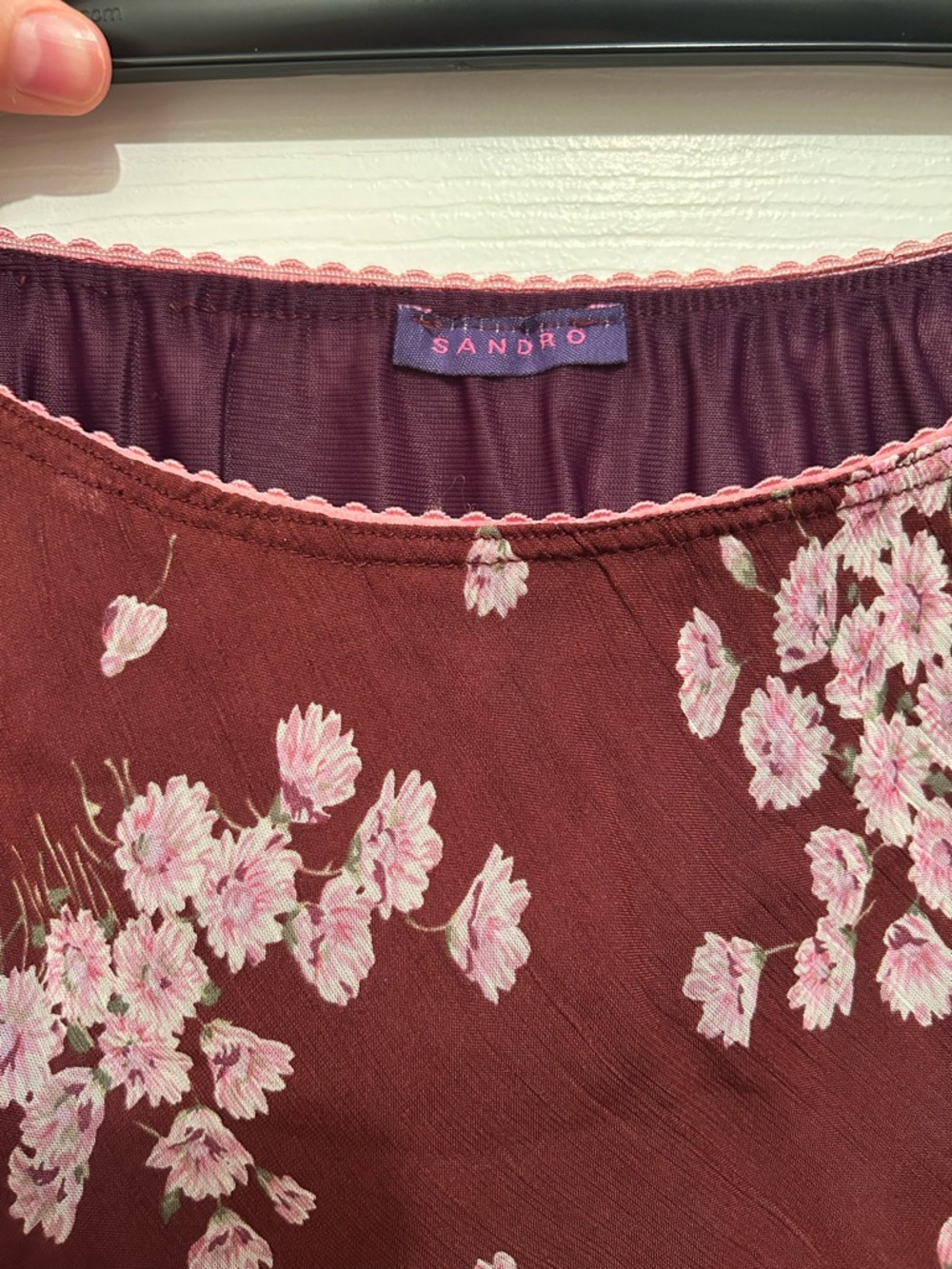 Vintage Sandro Burgundy Floral Midi Slip Skirt with Pink Accents - Picture 5 of 7